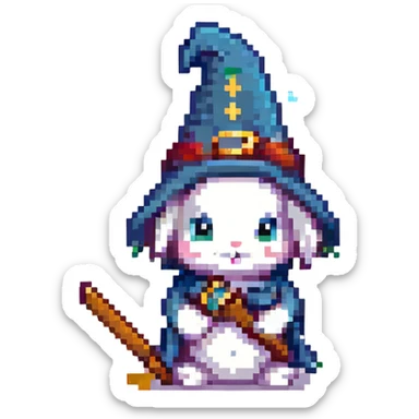 wizard baby bunny holding a tiny wand, pixel art style sticker