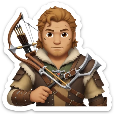 Varric Tethras from Dragon Age with crossbow and chest hair sticker