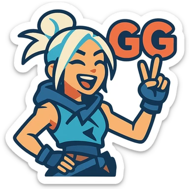 Jett from Valorant presenting 'GG' text, playful and victorious, vibrant colors sticker