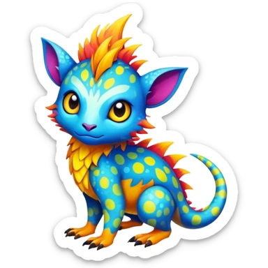 a colorful edgy cute vernid-fionbri-creature with splash patterns full body sticker