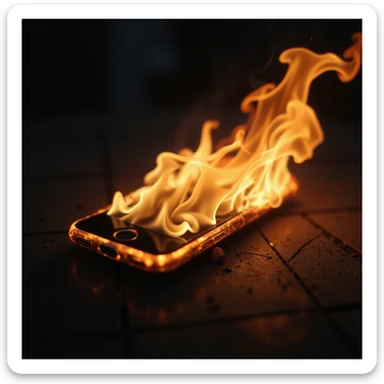 mobile phone on fire, hyper-realistic, close-up, detailed fire and smoke sticker