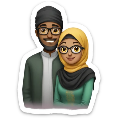 A young Muslim woman with green glasses and her young Muslim husband hug sticker
