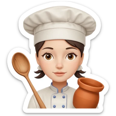 cartoon Apple iOS emoji style woman, pastel colors, Chilean wooden kitchen background, clay pots, warm light, detailed and clean vector art sticker