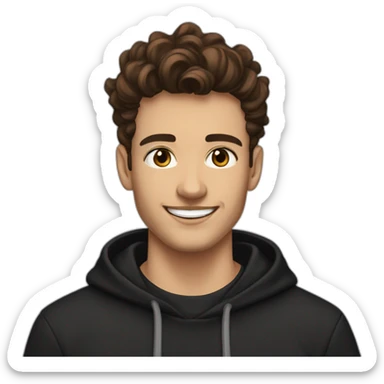 young man with short beard smiling medium long wavy rockabilly style brown hair with light skin and dark brown eyes wearing black sweatshirt hoodie sticker