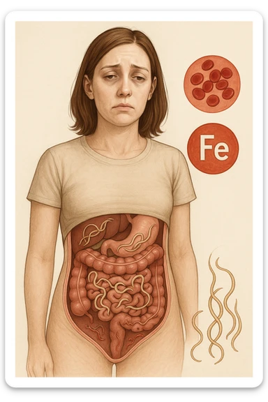 donna con parassiti intestinali che amano la sua carenza di ferro così possono svilupparsi. Immagini realistiche sticker