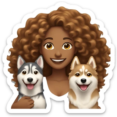 light skin woman with long honey brown curly hair expressing joy alongside two husky's sticker