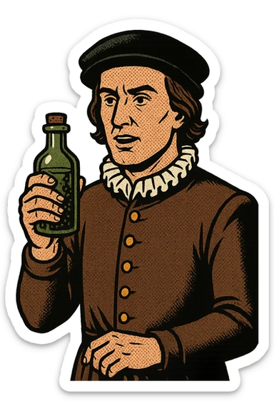 A male doctor from tudor england with his herbal medicine bottle sticker