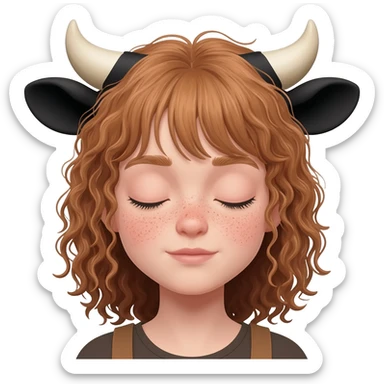 curly girl with freckles with messy light brown bangs covering the eyes with cow horns and cow ears with ribbon in her hair sticker