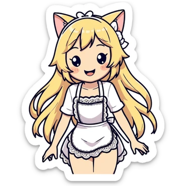  blonde catgirl woman long hair freckles giggling lace apron lace bikini anime influence  sticker