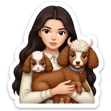 Kendall Jenner with long dark hair holding a brown poodle and a cow cat in her arms sticker