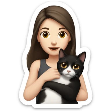 White girl with dark brown hair and brown eyes holding a black and white cat sticker