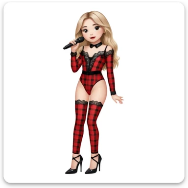 Sabrina carpenter singing at concert wearing a black and red plaid bodysuit a red sheer top covering the bodysuit, a strip of black lace around her leg, black sparkle heels. there is a  huge crowd and light pink stage setting  sticker