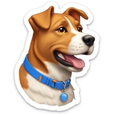 happy cute american stafford with simple blue collar with orange pendant from half side perspective sticker