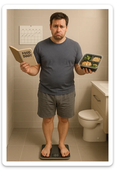 Uomo sulla trentina in piedi su una bilancia in bagno, con espressione delusa e confusa. In mano tiene un diario alimentare e un contenitore per i pasti già preparati, segno che sta seguendo una dieta. Dietro di lui un calendario con settimane segnate, ma senza cambiamenti. Il suo corpo appare identico a prima, senza progressi visibili. La bilancia digitale mostra lo stesso numero. Ambientazione pulita e moderna, toni neutri. Atmosfera di frustrazione e demotivazione, luce soffusa. sticker