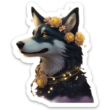 Black iridescent fluffy dog fox head zombie skeleton gold mechanical nebula galaxy stars flowers fairy lights vintage sticker