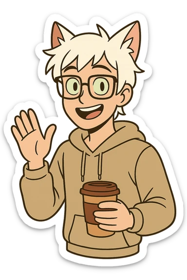 An anime guy with white hair, white cat ears, green eyes, and glasses, holding a coffee cup in his hand and waving sticker