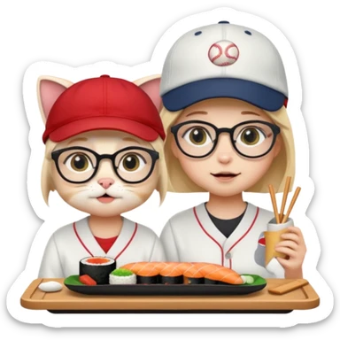 cute girl cat wearing glasses and a cute boy cat wearing a baseball cap eating sushi together sticker