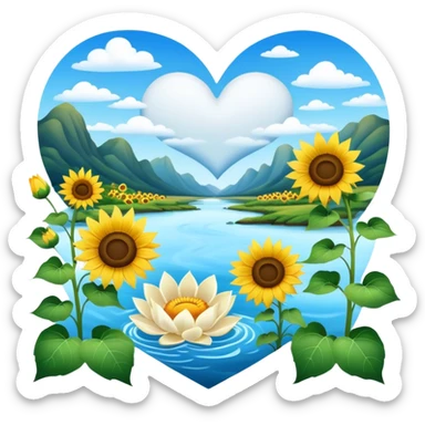 Good morning Sunshine with heart clouds and sunflowers and white lotus flowers and a river  sticker