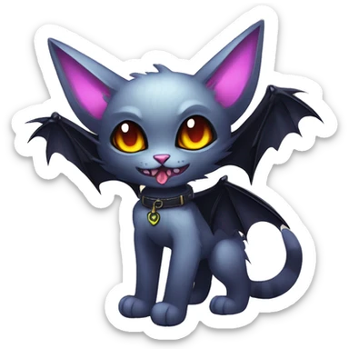   cool edgy kawaii ethereal dark-punk-themed animal vampiric cat-hybrid Fakemon with fangs and bat-wing-ears with a collar full body sticker