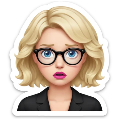 Blonde woman with short wavy hair, blue eyes and pink lips wearing black glasses looking really frightened  sticker