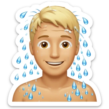 blonde man in a shower, smiling, water droplets, modest, emoji style sticker