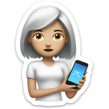 A girl with white skin and dark hair, with a sad face, holding her phone in her hand and typing a message, a message cloud on the side of it sticker