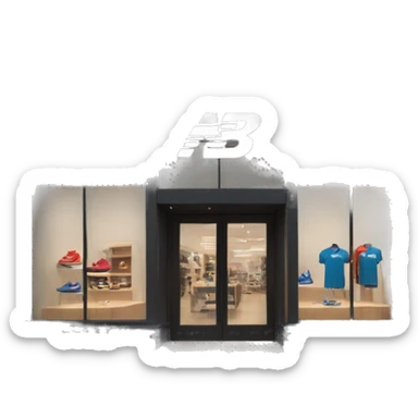 “New Balance store exterior with a clean, modern facade, the iconic ‘N’ logo, large windows showcasing athletic footwear, and a minimalist entrance.” sticker