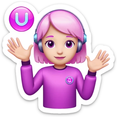 Friendly round AI mascot with a neon C badge, floating hologram in hands, purple-magenta glow. sticker