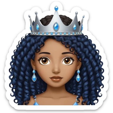 Por favor hazme el emoji de la princesa pero morena con el pelo negro y rizado y largo, los ojos marrones y la corona plateada con jollas azules sticker