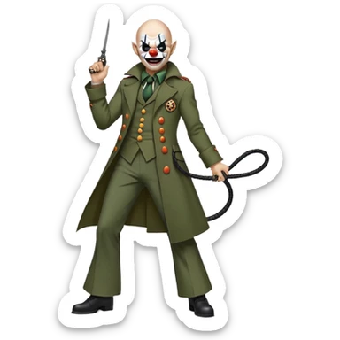evil clown, bald, small black horns on forehead, fangs, pointed ears, eye patch over one eye, long coat over black and military green leisure suit with bellbottom pants, tail, holding a different style of whip, realistically proportioned, less bulky, full body, battle-ready, fighting posture sticker