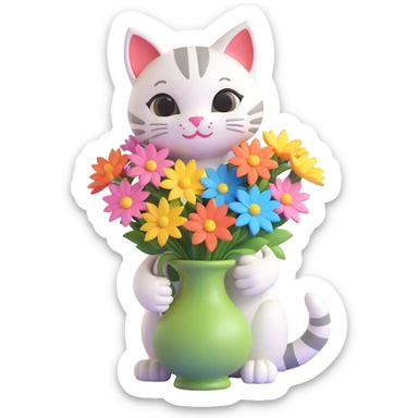 A 3D happy cat hugging a vase with blooming flowers, with the text "Have a Beautiful Day" in the style of the reference image. The overall mood should be joyful and bright. sticker