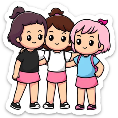 a black girl with dark brown hair next to a white girl with pink hair and a white girl with brown hair sticker