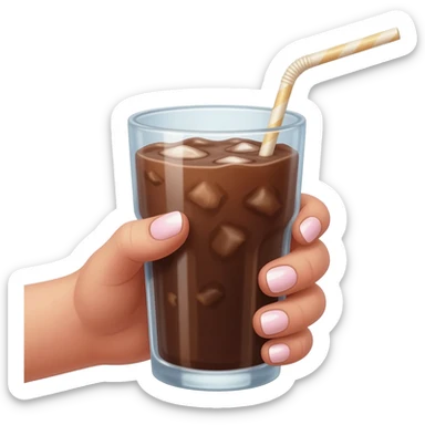 chocolat froid dans un grand verre avec une paille tenue par le bout d’une jolie main de femme avec une belle manucure Style Pinterest réaliste sticker