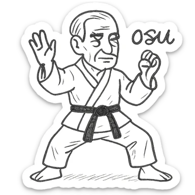 Make the karate fighter older with age lines and mature look, change to the 'osu' position, keep the white uniform, black belt, and 'osu' text in the same hand-drawn style. sticker