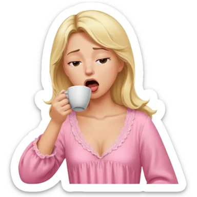 A blonde woman in a pink nightgown yawns, looking sleepy with dark circles under her eyes, drinking coffee, looking like she just woke up sticker