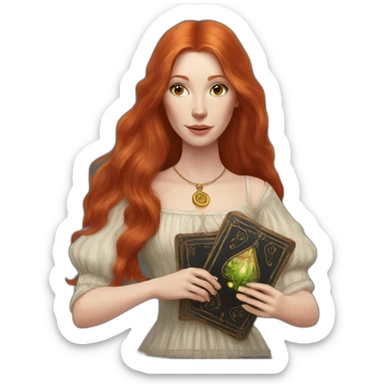 redhead white woman medium long straight hair, holding a tarot card in her hand sticker