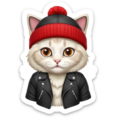 Ragdoll cat wearing a leather jacket and a beanie sticker