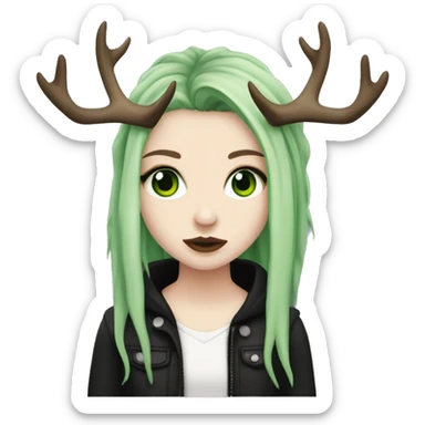 Girl with pale skin, green eyes, black dreadlocks, eyeliner, deer antlers, punk, grunge sticker