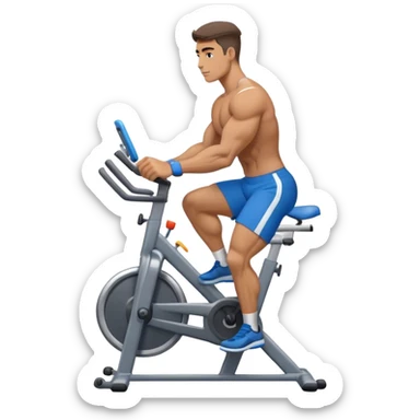buff guy blue shorts grey stationary bike sticker