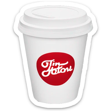 “Red Tim Hortons coffee cup with large white ‘Tim Hortons’ logo in script, black plastic lid, and a simple, clean design.” sticker