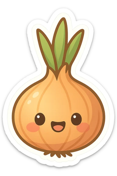 chibi sticker-style onion with a smiling face, cute and exaggerated sticker