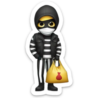 a bandit in striped clothes and a black mask over his eyes, carries a bag of money behind his back sticker