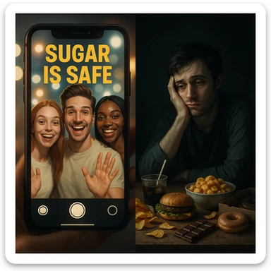 symbolic split-screen: smiling influencers on smartphone saying sugar is safe, bright lights and filters; other side lonely tired person surrounded by junk food, muted tones and deep shadows; contrast between social media and reality; cinematic style, 4K quality sticker