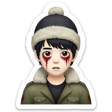 Asian zombie boy with ushanka, black messy hair with bangs  sticker