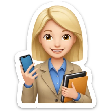 same woman but with phone and documents sticker