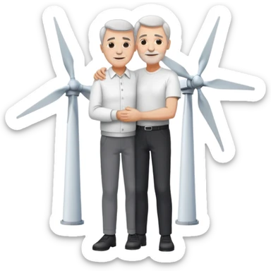 an older white man with grey hair and a white shirt and black pants , hugging a silver wind turbine sticker