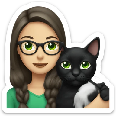 Black cat with green eyes holding by a brunette girl with glasses sticker