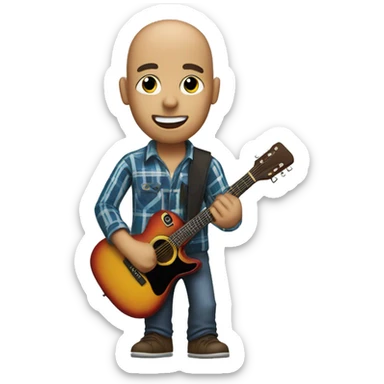 bald guy holding a guitar with a hat in his head and plaid shirt on rocking out sticker