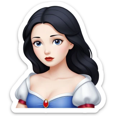 Cinematic Serene Snow White Portrait Emoji, rendered in a simplified vector style. Depict a gentle Snow White (chest and above) with flawless porcelain skin and flowing raven hair, her kind eyes and calm expression exuding a quiet, enchanting charm. The image glows softly with an inviting, pure light and is outlined with a subtle glow. sticker