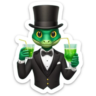 snake wearing suit, bowtie and top hat, holding a glass of green drink sticker